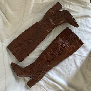 Brown leather knee high boots - croc embossed detail